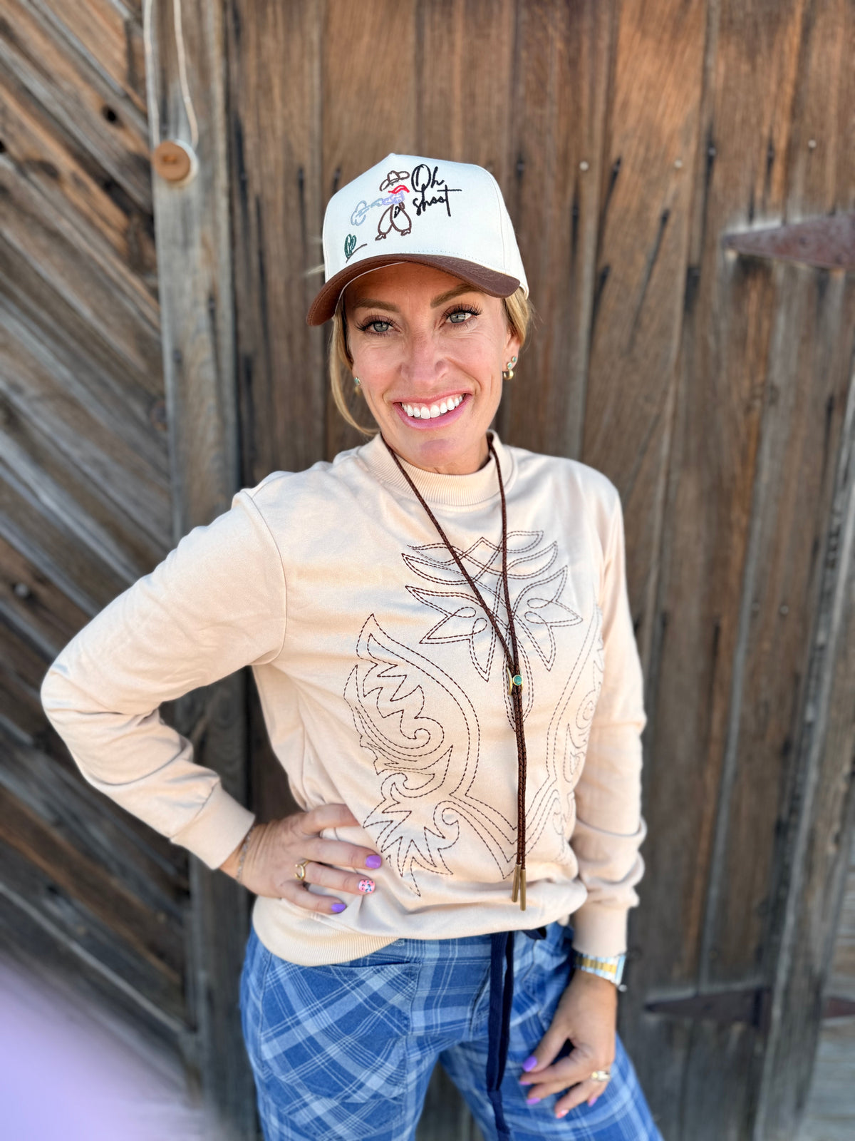 Western Embroidered Casual Pullover Sweatshirt | Light French Beige