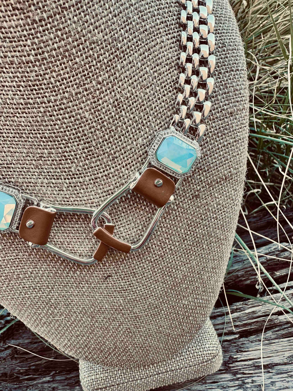 Bold Western Saddle Stirrup Necklace/Aqua stone w/toggle