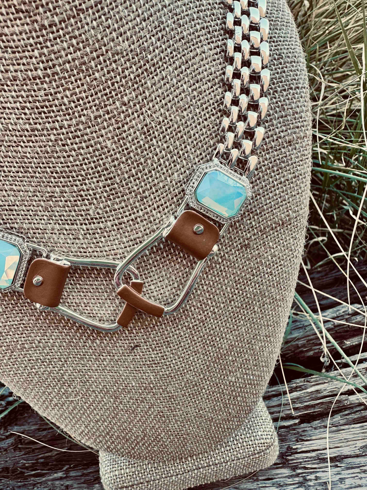 Bold Western Saddle Stirrup Necklace/Aqua stone w/toggle