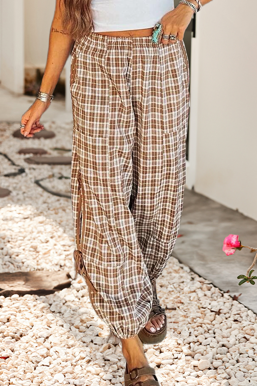 LDC Chestnut Plaid Elastic Waist Bow Tie Joggers: Chestnut
