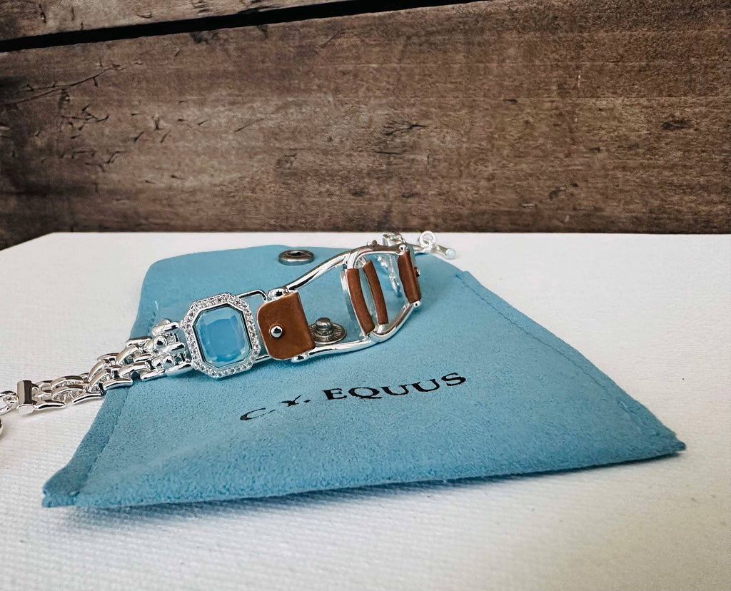 Bold Western Saddle Stirrup Bracelet/Aqua stone w/toggle