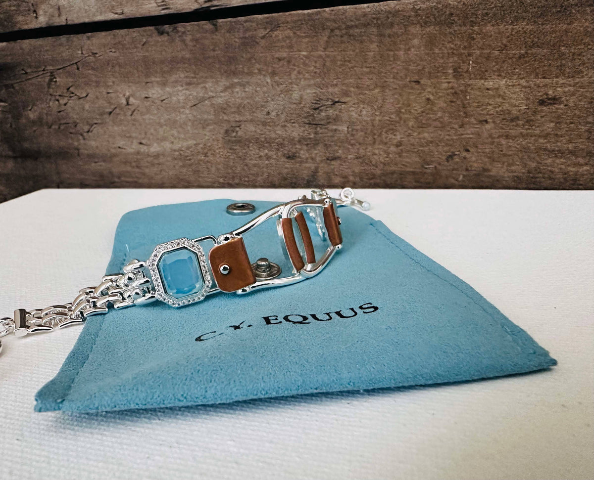 Bold Western Saddle Stirrup Bracelet/Aqua stone w/toggle