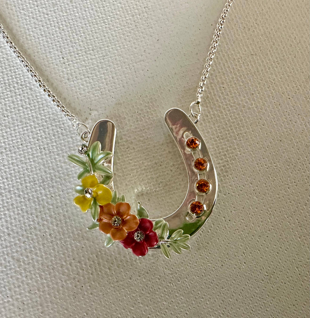 Horseshoe with Boho flowers/ horse Necklace Jewelry