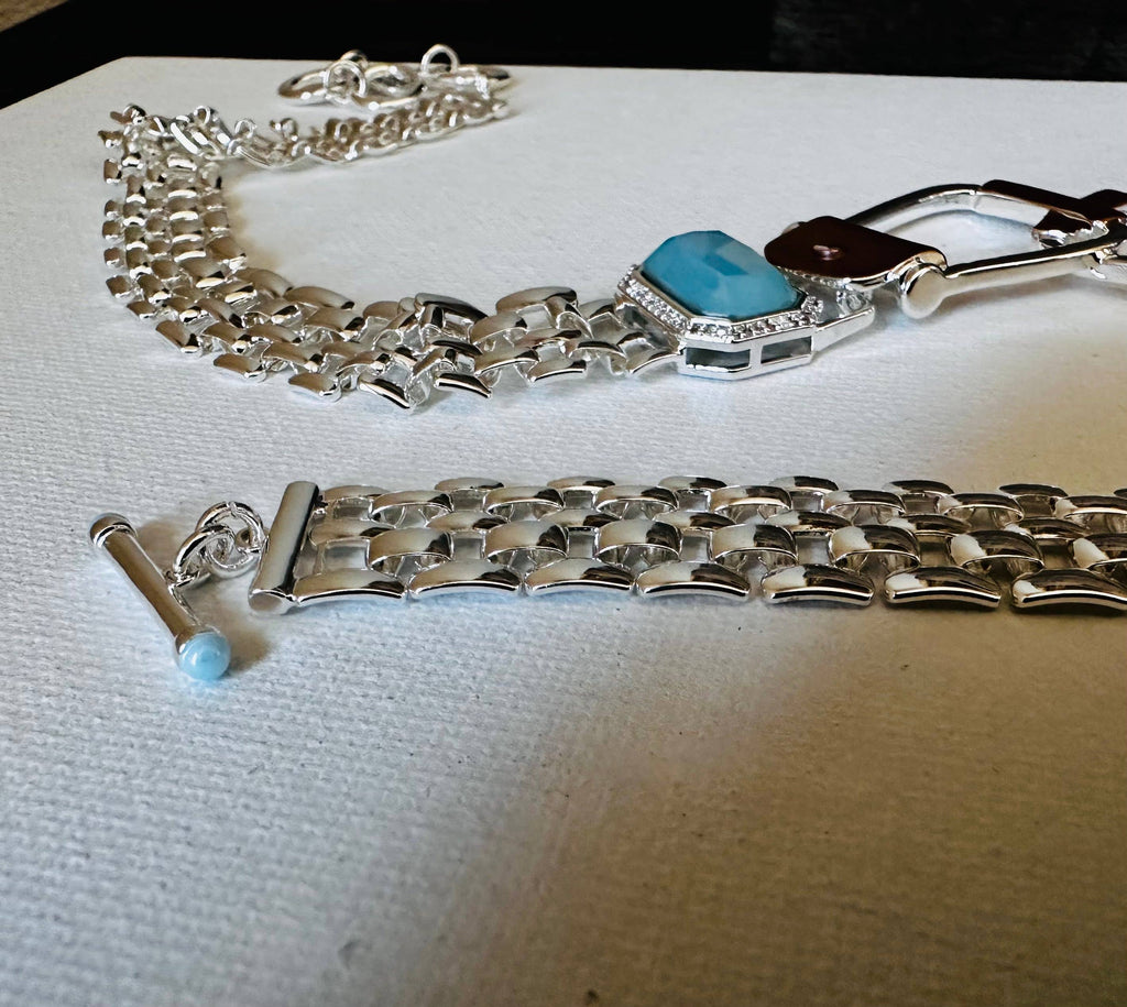 Bold Western Saddle Stirrup Necklace/Aqua stone w/toggle