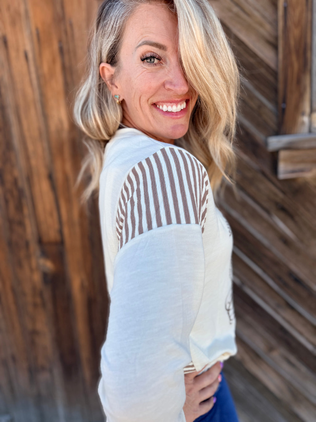 Western Print Striped Detail Long Sleeve Casual Top: Jet Stream /