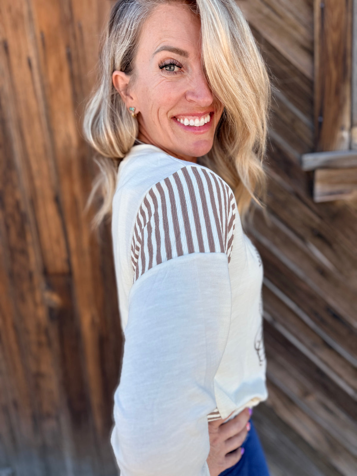 Western Print Striped Detail Long Sleeve Casual Top: Jet Stream /