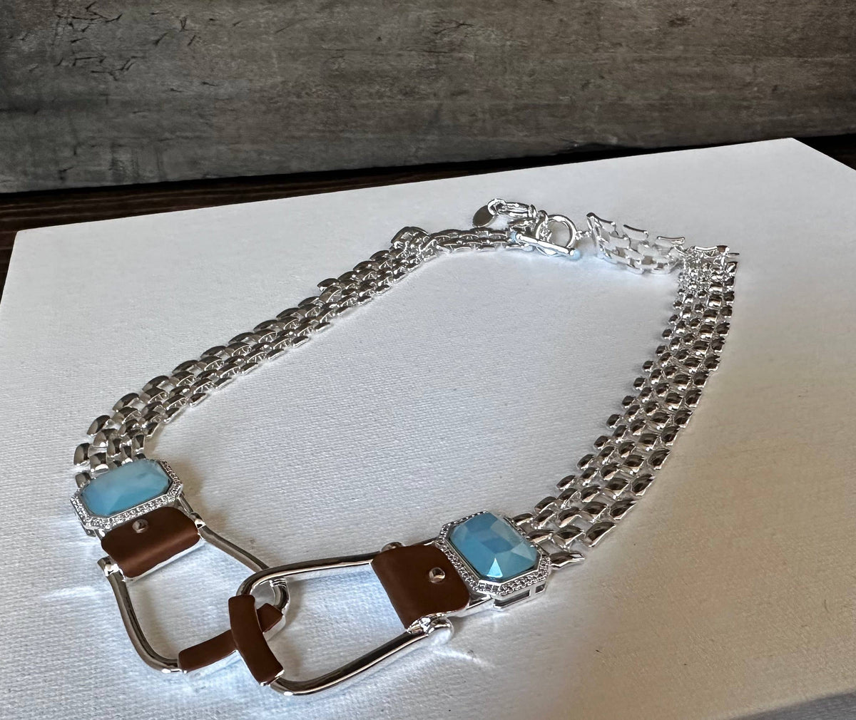 Bold Western Saddle Stirrup Necklace/Aqua stone w/toggle