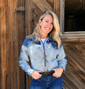 Color Block Patchwork Flap Detail Distress Denim Jacket: Dusk Blue
