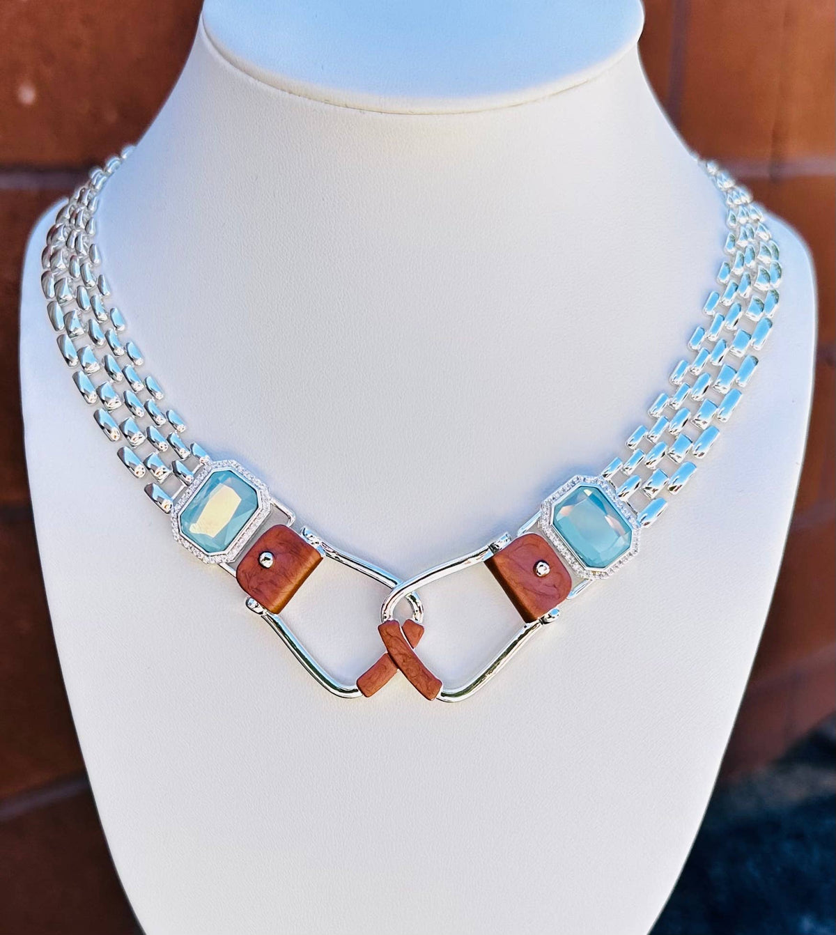 Bold Western Saddle Stirrup Necklace/Aqua stone w/toggle