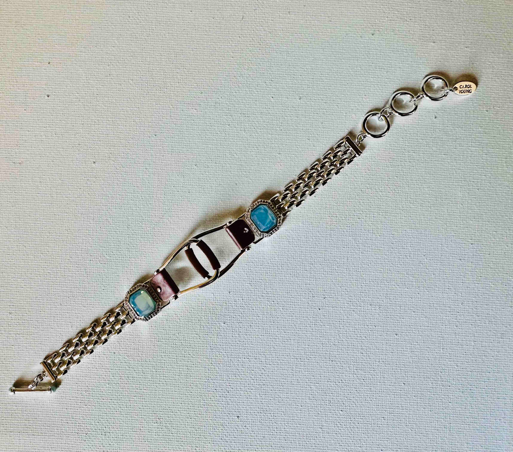 Bold Western Saddle Stirrup Bracelet/Aqua stone w/toggle