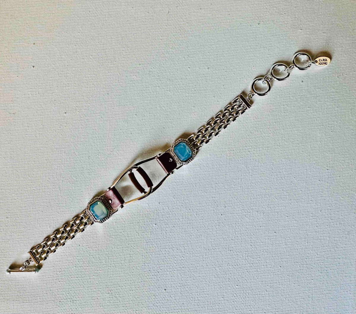 Bold Western Saddle Stirrup Bracelet/Aqua stone w/toggle