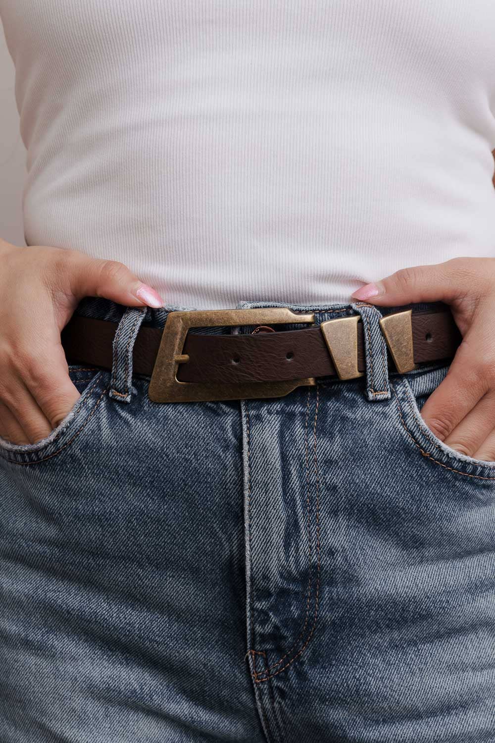 Rectangular Buckle Vegan Leather Belt - Contemporary Western: Dark Brown