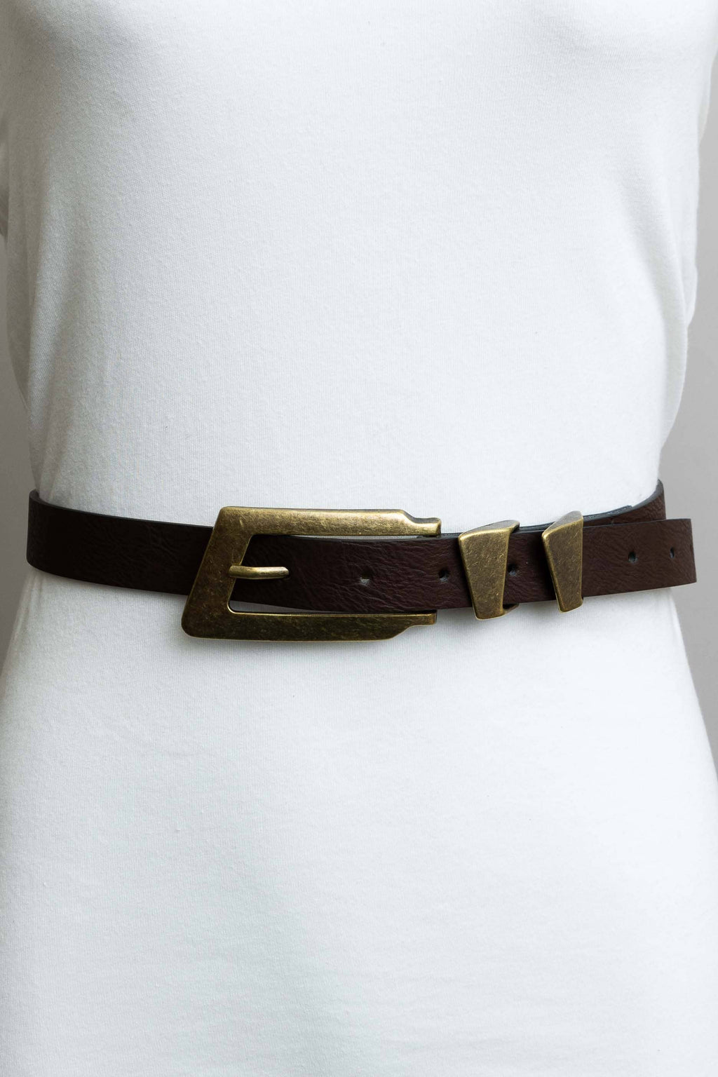 Rectangular Buckle Vegan Leather Belt - Contemporary Western: Dark Brown