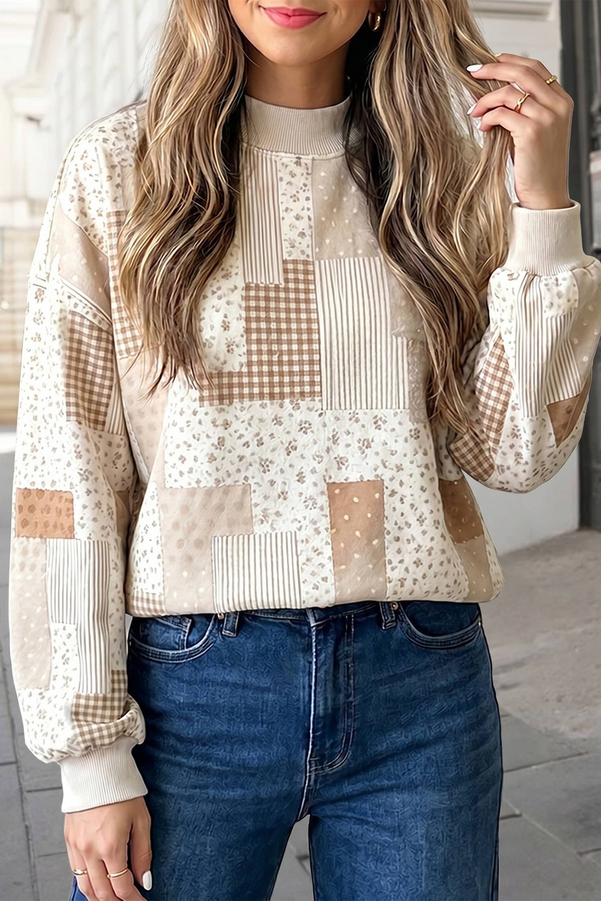 Floral Print Mock Neck Long Sleeve Sweatshirt |