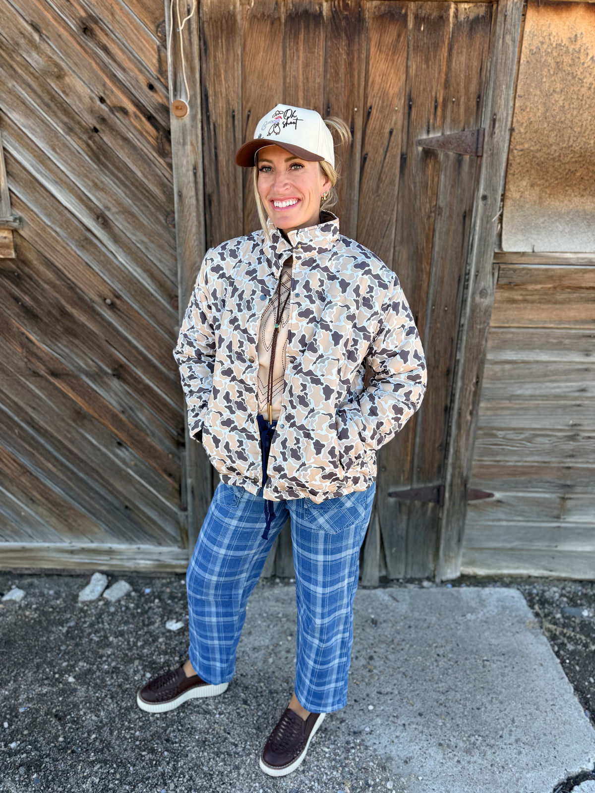 Camo Quilted Metal Button Collar Long Sleeve Puffer Coat