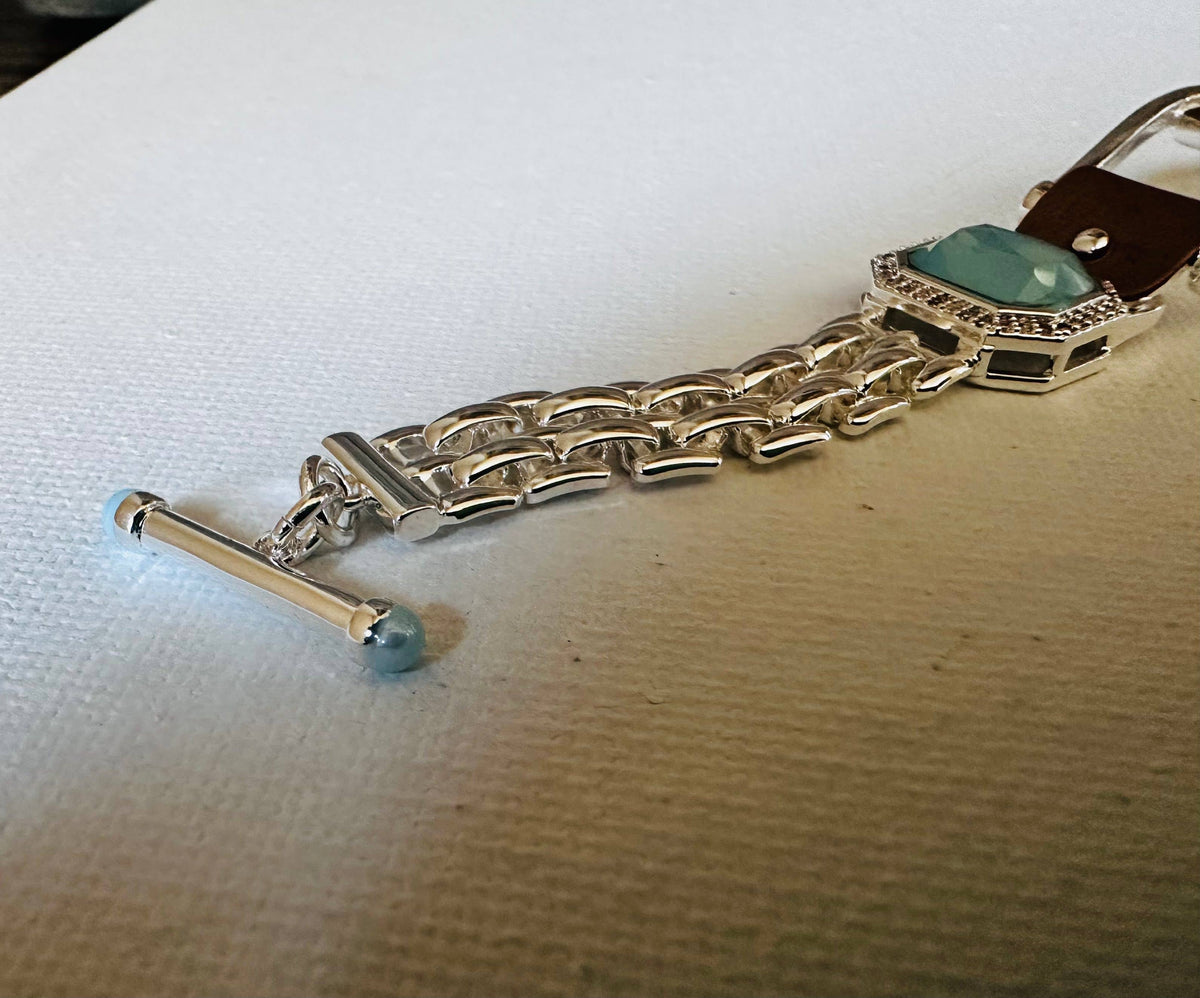 Bold Western Saddle Stirrup Bracelet/Aqua stone w/toggle