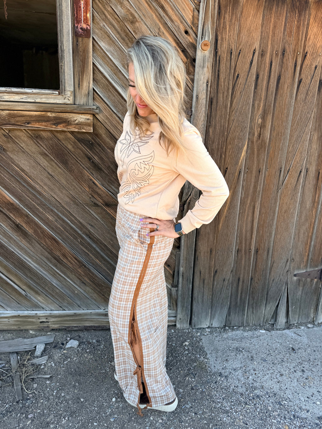 LDC Chestnut Plaid Elastic Waist Bow Tie Joggers: Chestnut