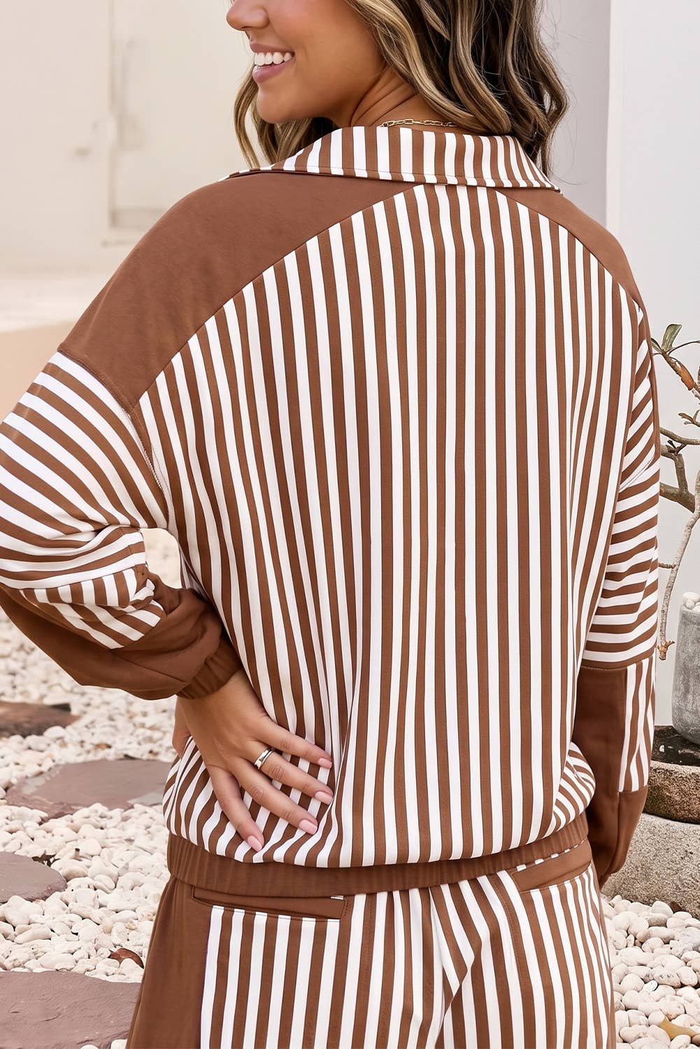 Striped Two Piece Long Sleeve Shift Top Short Set: Brown Stripe