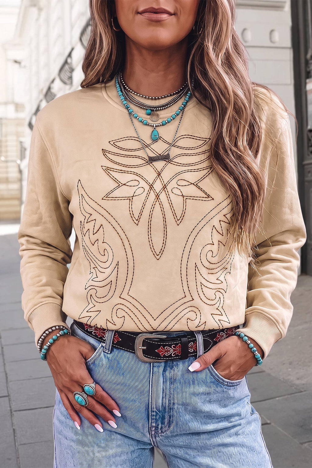 Western Embroidered Casual Pullover Sweatshirt | Light French Beige