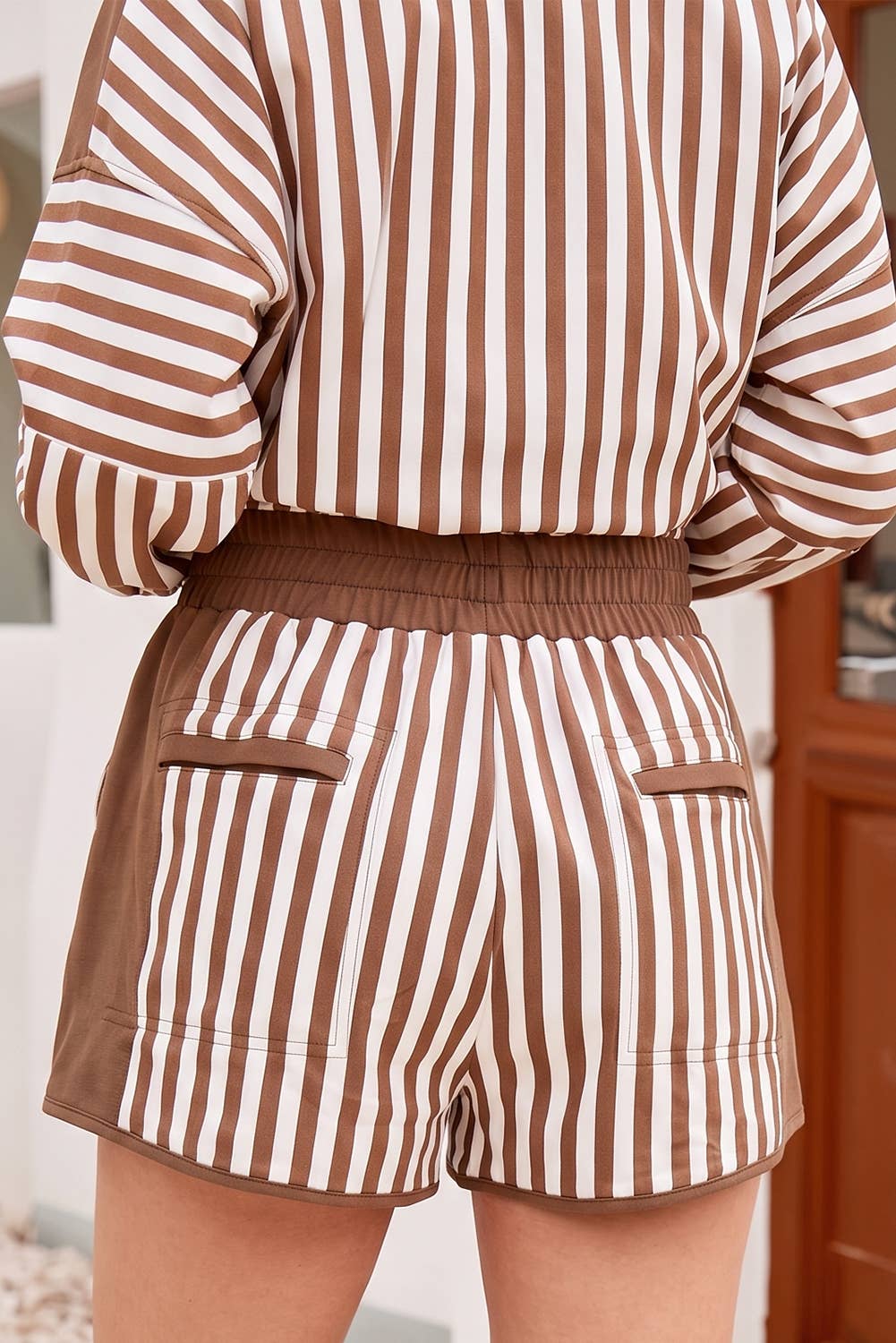 Striped Two Piece Long Sleeve Shift Top Short Set: Brown Stripe