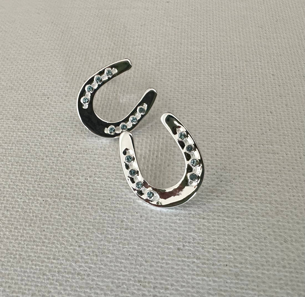 Horseshoe w/Aqua Crystals Earrings POST Jewelry