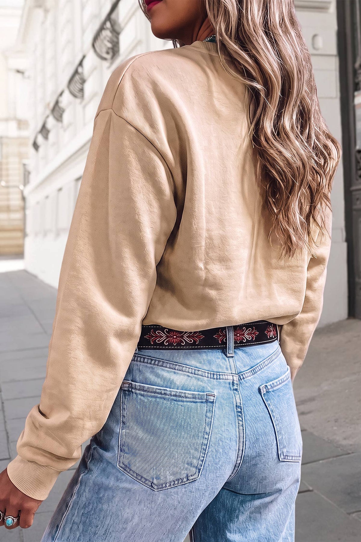 Western Embroidered Casual Pullover Sweatshirt | Light French Beige