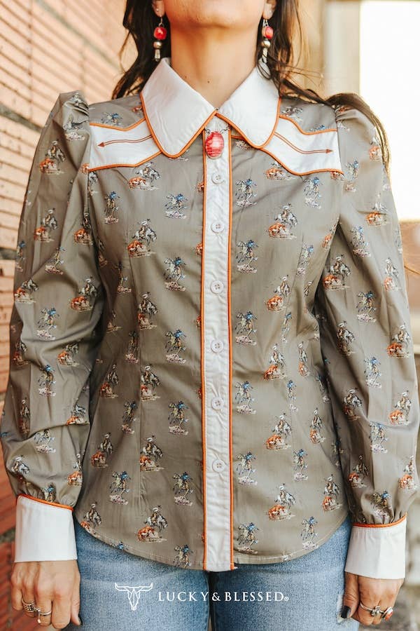 Cowgirl Printed Puff Sleeve Button Down Shirt