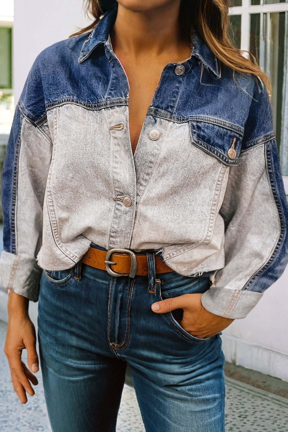 Color Block Patchwork Flap Detail Distress Denim Jacket: Dusk Blue