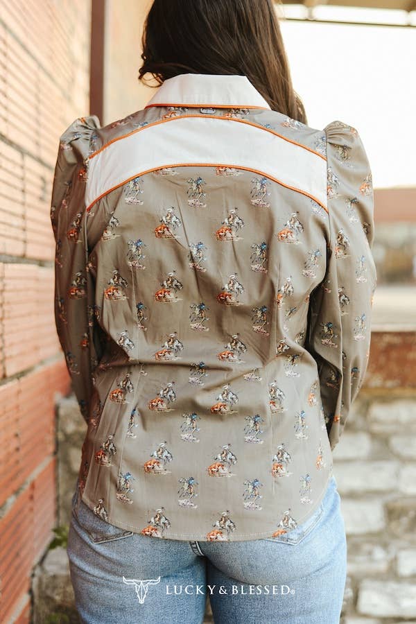 Cowgirl Printed Puff Sleeve Button Down Shirt