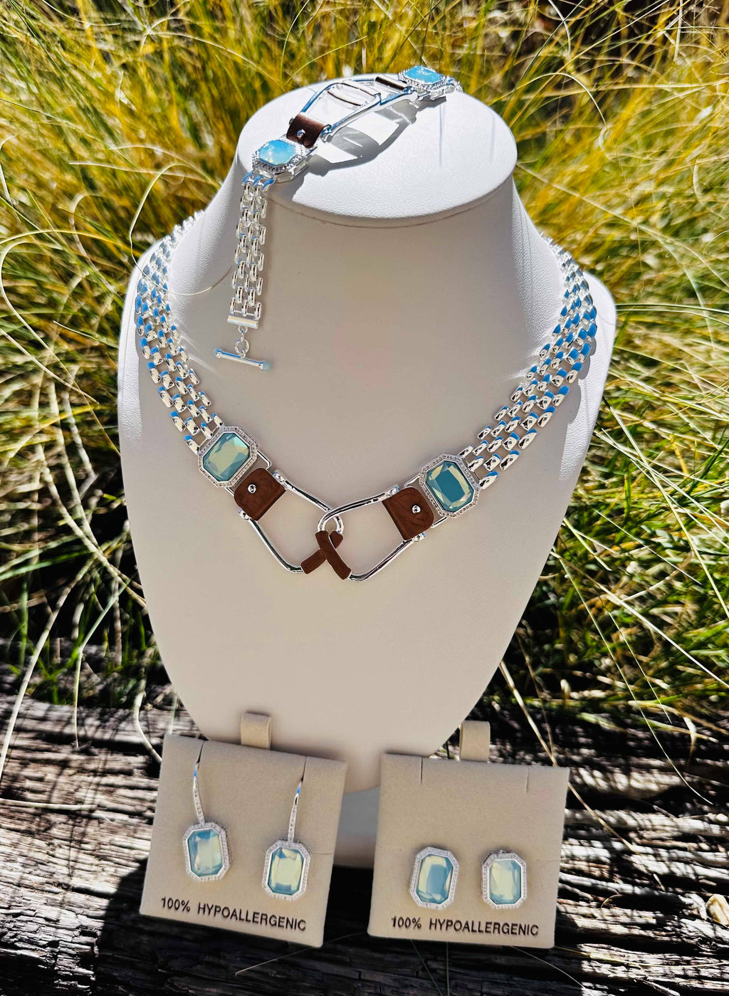 Bold Western Saddle Stirrup Necklace/Aqua stone w/toggle