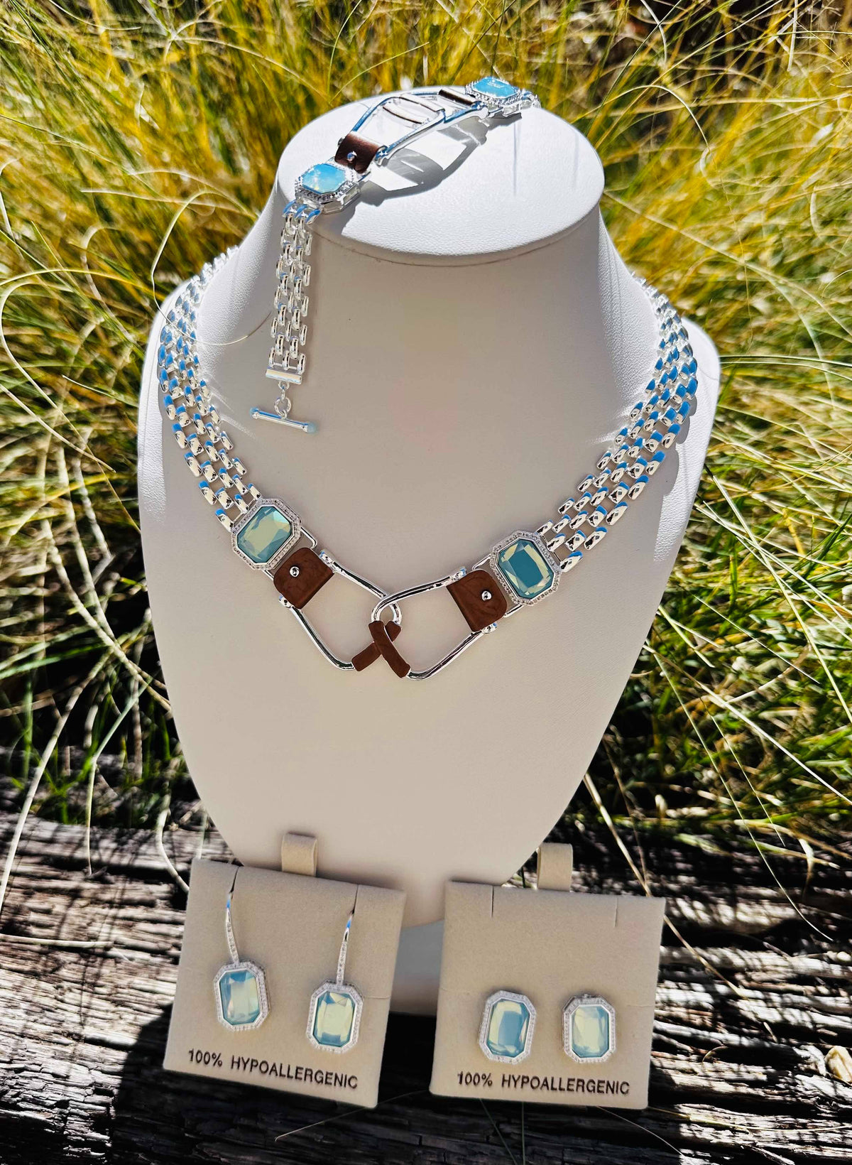 Bold Western Saddle Stirrup Necklace/Aqua stone w/toggle