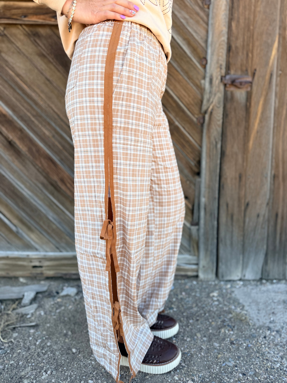 LDC Chestnut Plaid Elastic Waist Bow Tie Joggers: Chestnut