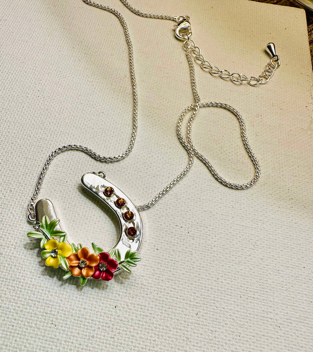 Horseshoe with Boho flowers/ horse Necklace Jewelry
