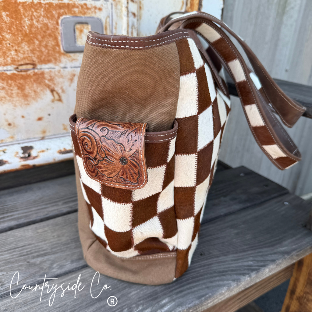 The Homestead Cowhide Checkered Tote Carryall: Brown