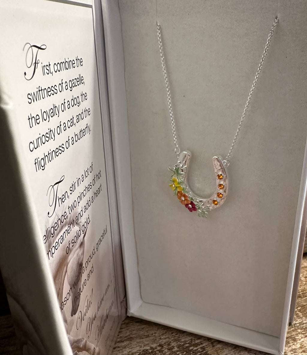Horseshoe with Boho flowers/ horse Necklace Jewelry