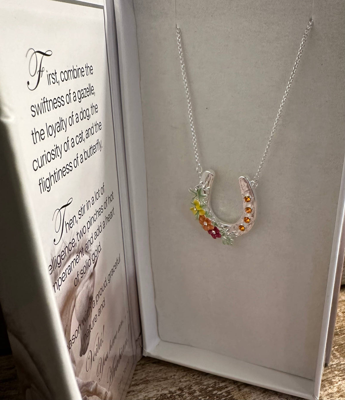 Horseshoe with Boho flowers/ horse Necklace Jewelry