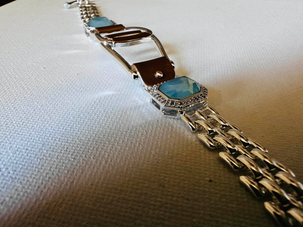 Bold Western Saddle Stirrup Bracelet/Aqua stone w/toggle
