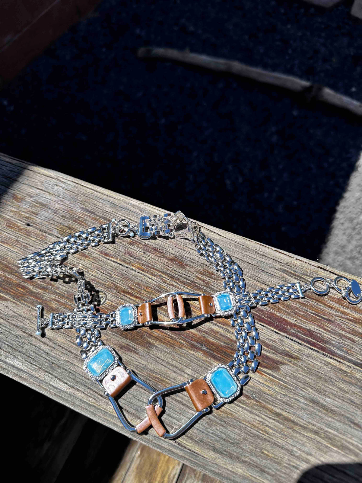 Bold Western Saddle Stirrup Bracelet/Aqua stone w/toggle