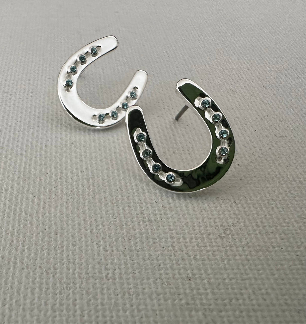 Horseshoe w/Aqua Crystals Earrings POST Jewelry