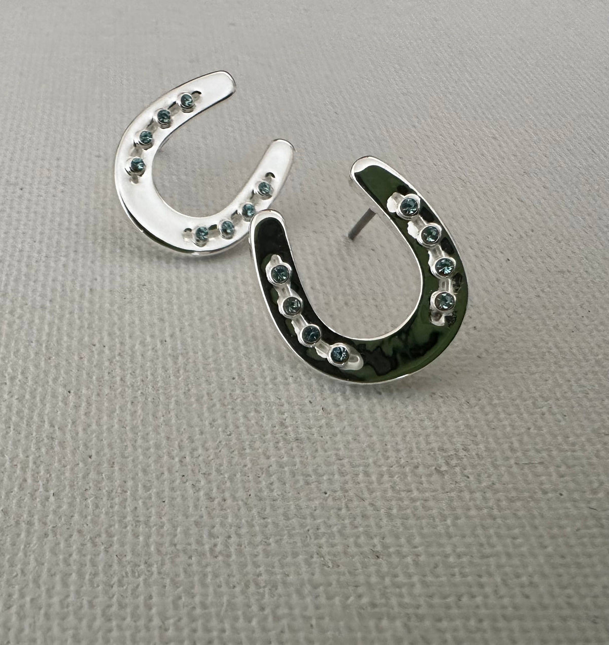Horseshoe w/Aqua Crystals Earrings POST Jewelry