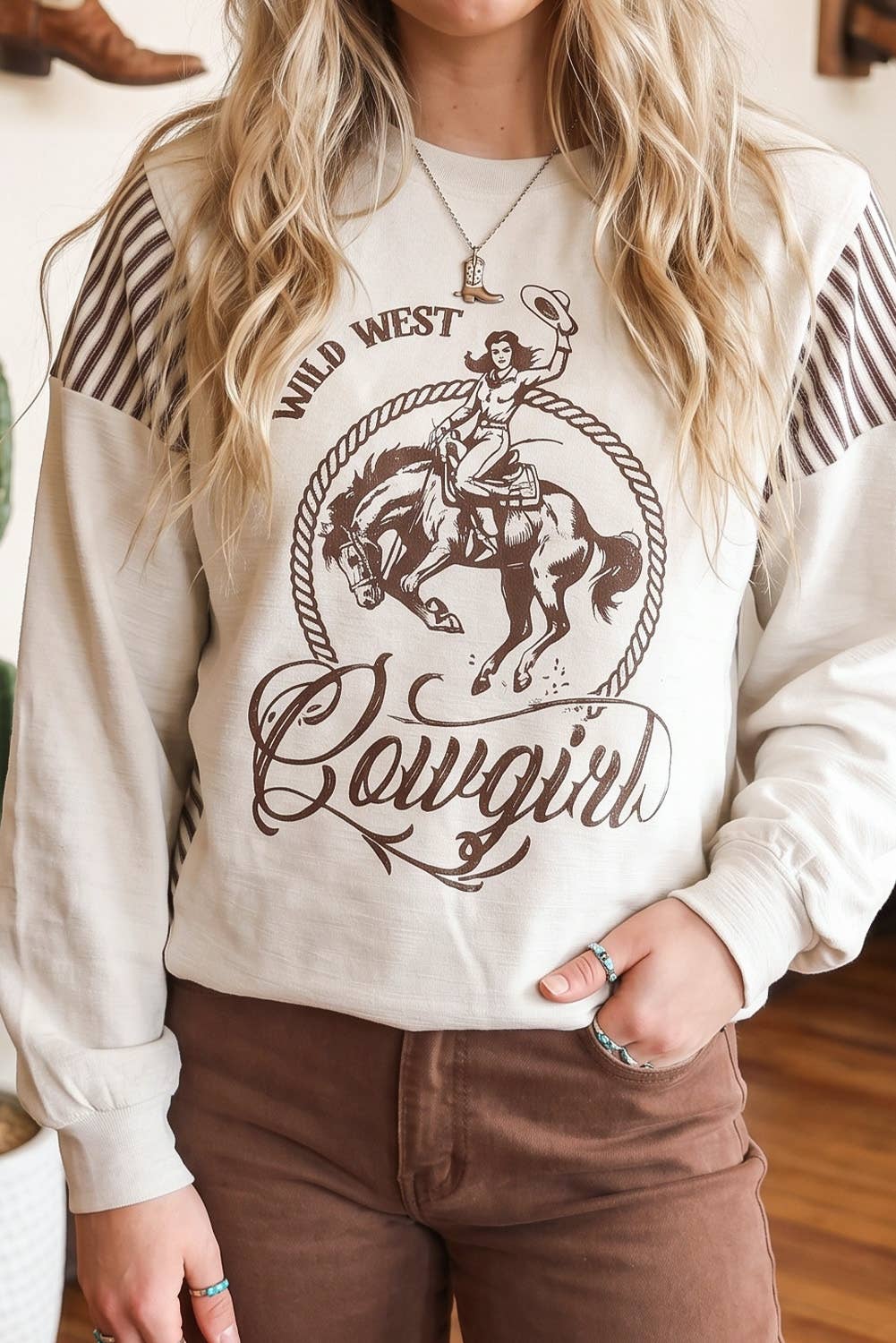 Western Print Striped Detail Long Sleeve Casual Top: Jet Stream /