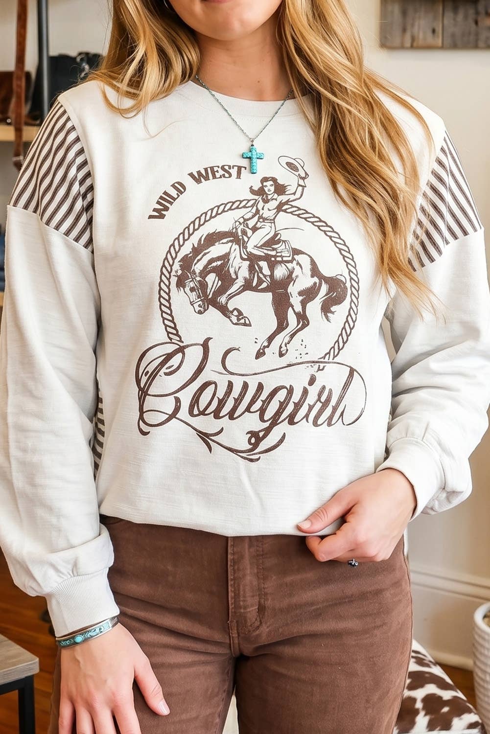 Western Print Striped Detail Long Sleeve Casual Top: Jet Stream /
