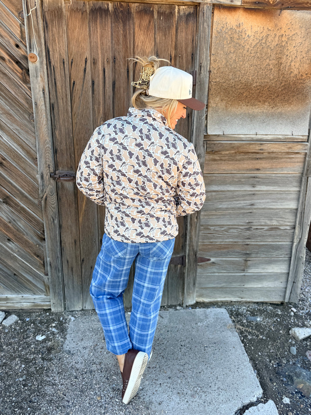 Camo Quilted Metal Button Collar Long Sleeve Puffer Coat