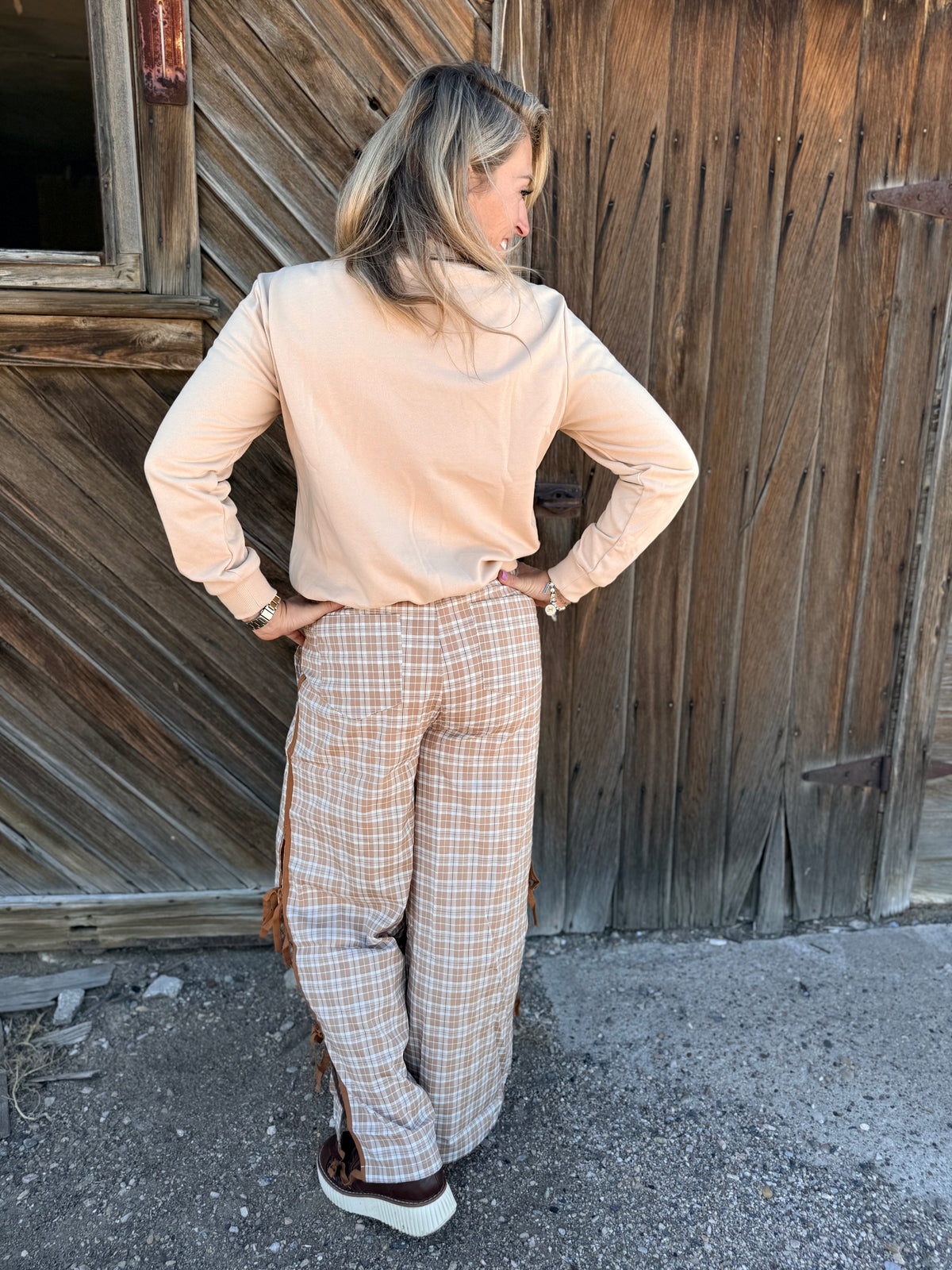 LDC Chestnut Plaid Elastic Waist Bow Tie Joggers: Chestnut