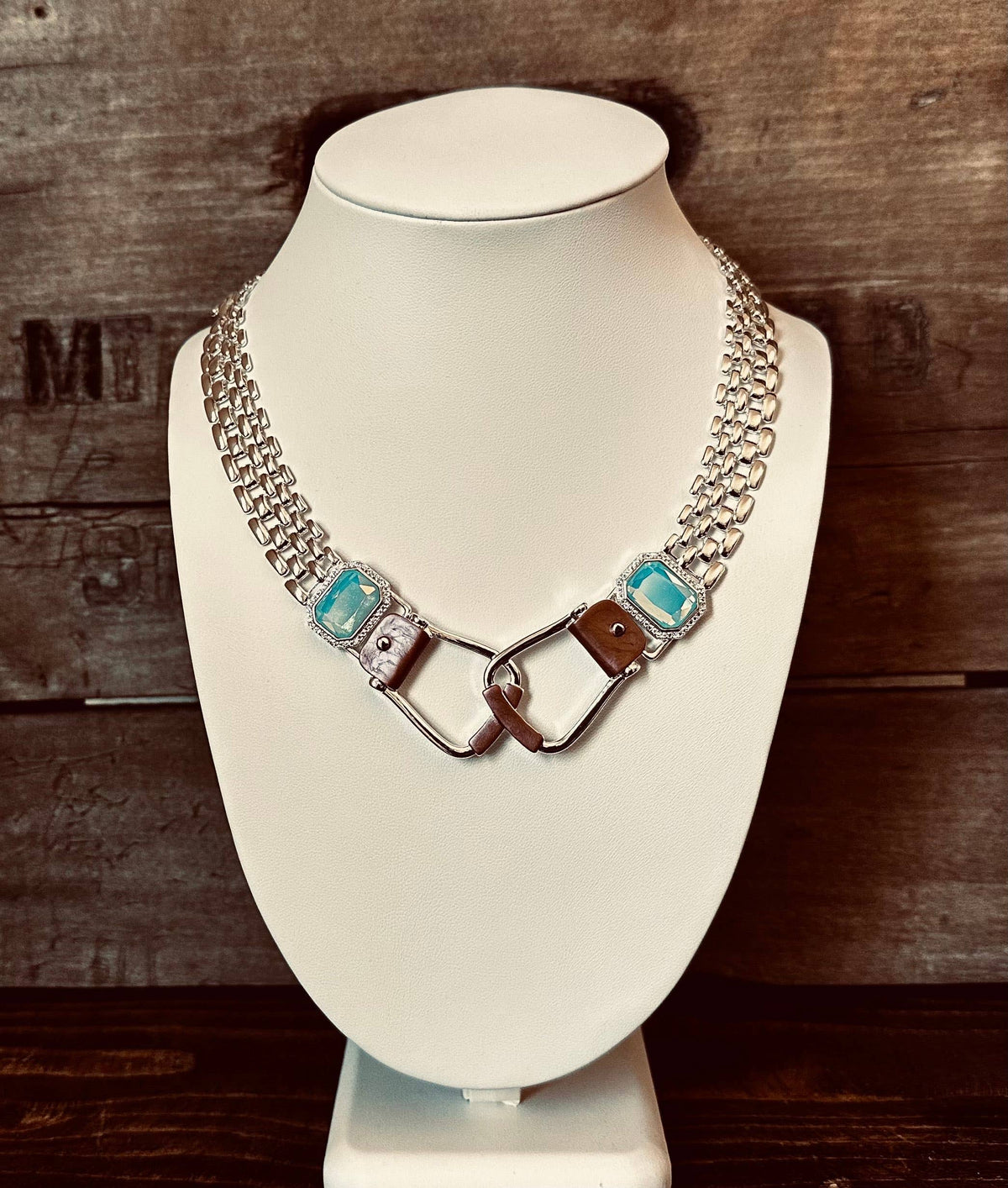 Bold Western Saddle Stirrup Necklace/Aqua stone w/toggle