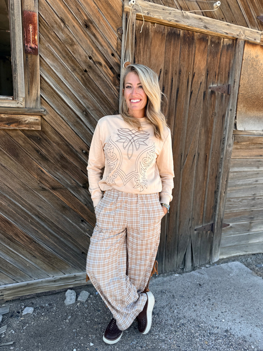 LDC Chestnut Plaid Elastic Waist Bow Tie Joggers: Chestnut