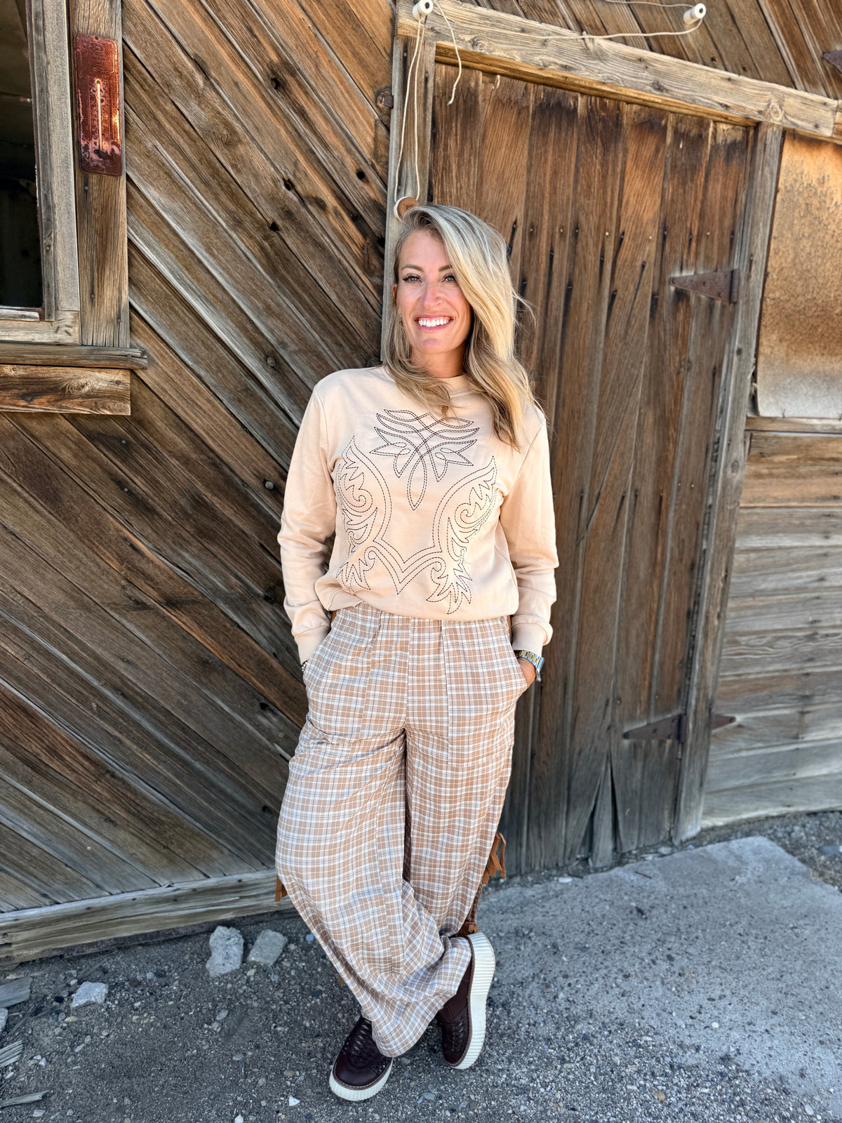 LDC Chestnut Plaid Elastic Waist Bow Tie Joggers: Chestnut