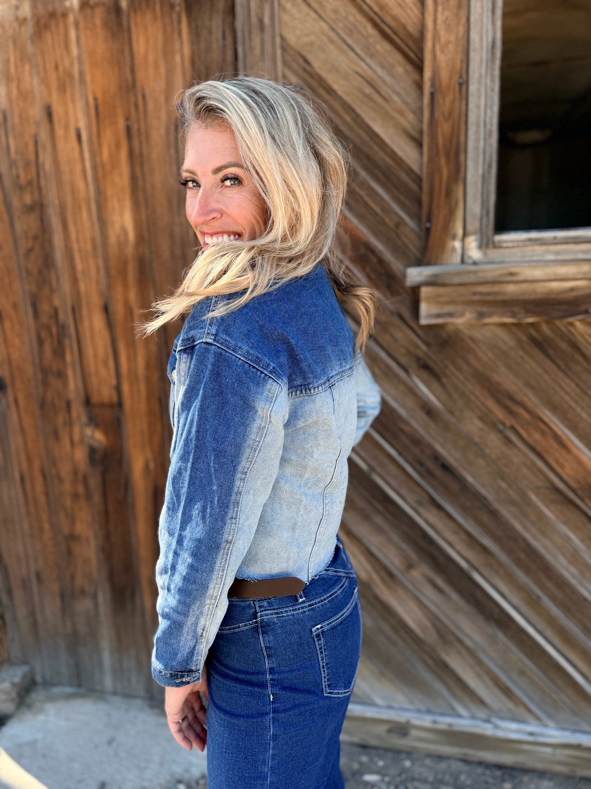 Color Block Patchwork Flap Detail Distress Denim Jacket: Dusk Blue