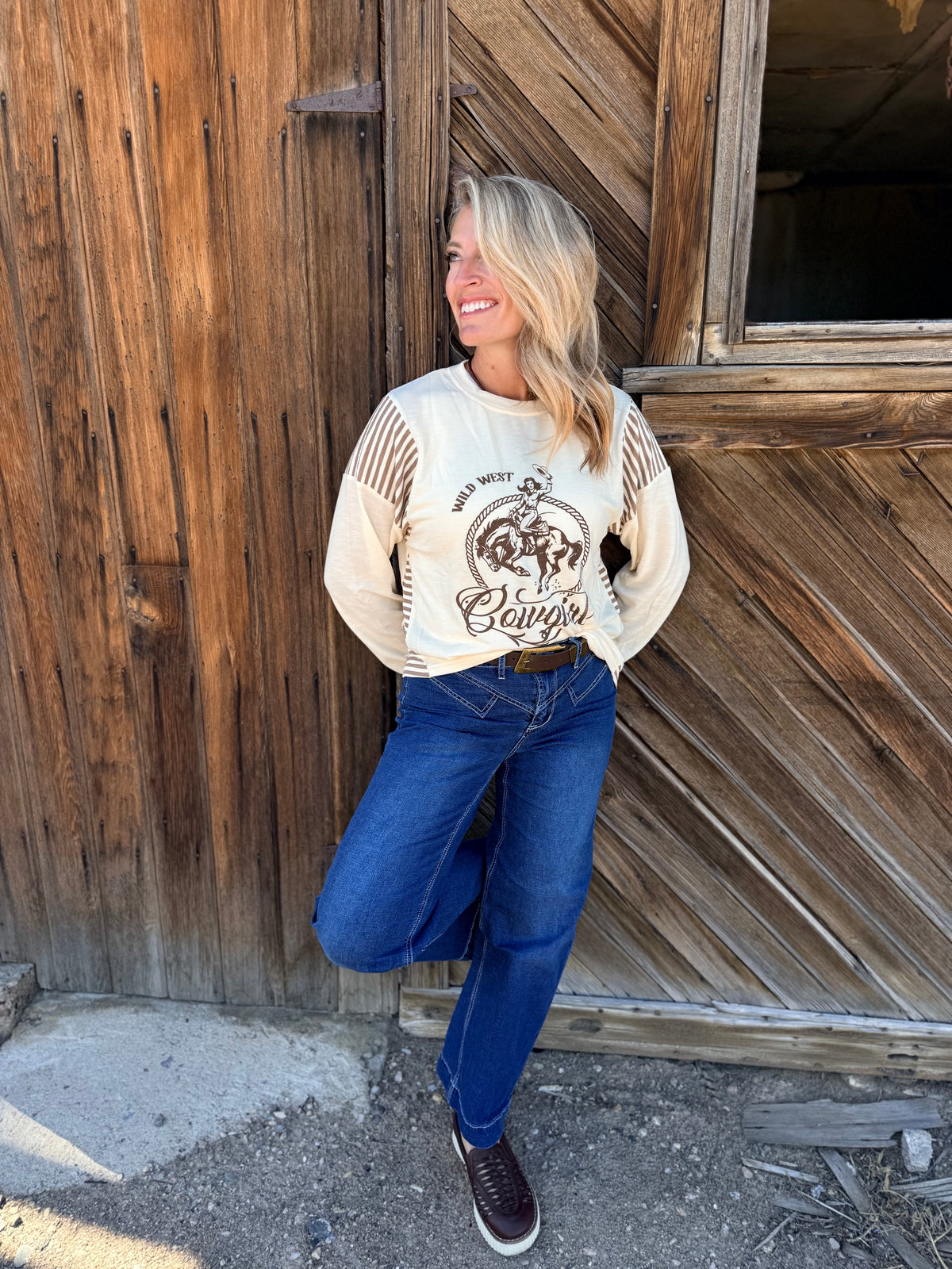 Western Print Striped Detail Long Sleeve Casual Top: Jet Stream /
