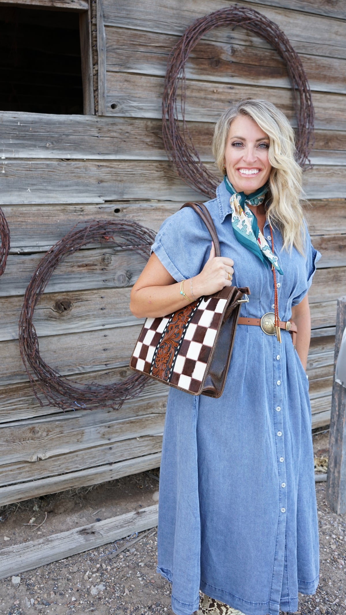 Denim Waist-Difing Pleats Midi Dress